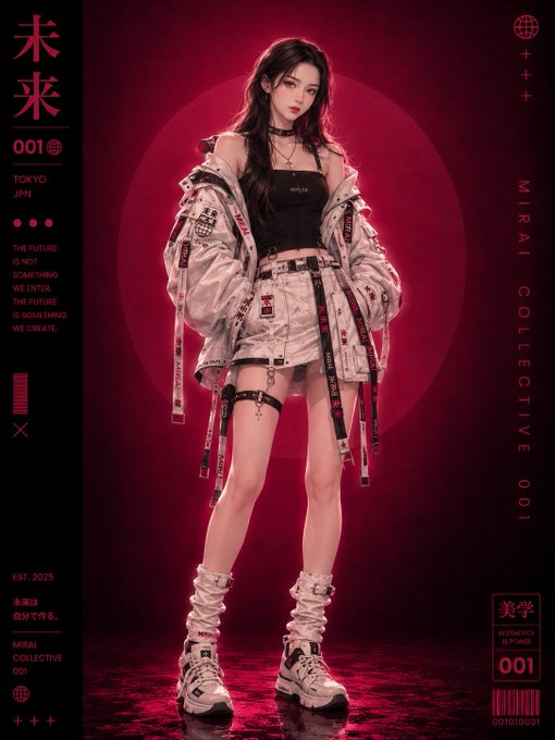 A stylized digital fashion illustration of a woman in cyberpunk-inspired streetwear with a silver jacket, black top, and leg straps, labeled 'MIRAI COLLECTIVE 001' against a red background.