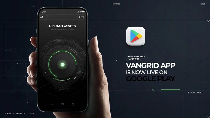 A promotional banner displaying a smartphone held in a hand next to the Google Play logo, announcing the launch of the 'VANGRID APP' with the tagline 'NOW AVAILABLE - ANDROID'.