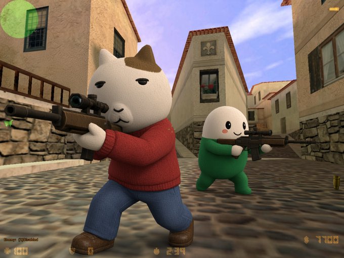 A screenshot from a 3D video game features a cartoonish white cat character in a red sweater holding a sniper rifle, accompanied by a smaller round white character in green holding an assault rifle, set in a cobblestone street environment.