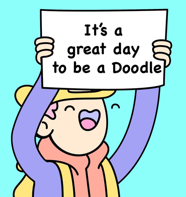 A cheerful cartoon character in a purple hoodie and yellow cap holds up a sign reading 'It's a great day to be a Doodle' against a light teal background.