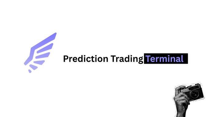 A logo graphic for "Prediction Trading Terminal" featuring a stylized blue wing icon and a black-and-white photo of a hand holding a camera in the bottom corner.