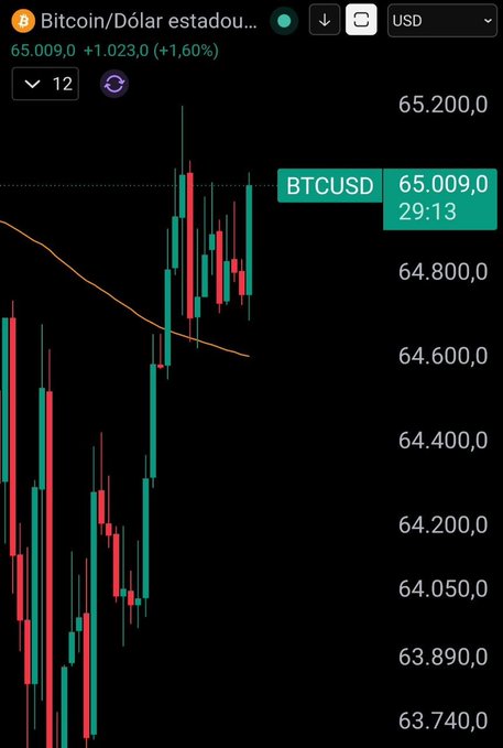 A Bitcoin/USD candlestick chart from Binance shows BTCUSD at $65,009.00 (+1.60%), with the price approaching a key resistance level around $65,200 after a sharp recovery from the $63,740–$64,200 zone, visually reinforcing the post's view that Bitcoin is testing an interesting area worth accumulating for a medium-term speculative position.