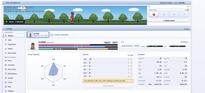 A video game interface showing a character in a forest scene at the top with a detailed status panel below displaying stats like STR 15, AGI 6, VIT 8, and a hexagonal stat radar chart.