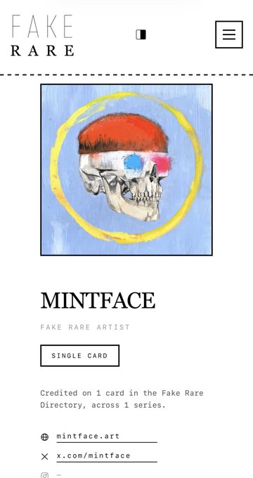 A digital trading card or artist profile for "MINTFACE" under "FAKE RARE ARTIST" displays a painted skull with a colorful brushstroke top within a yellow circle.