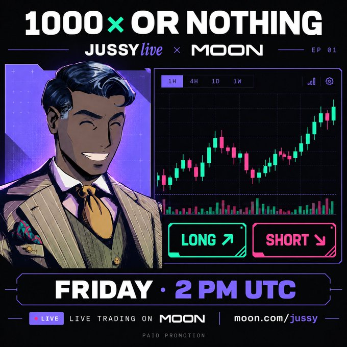 Promotional graphic for a live trading stream titled "1000X OR NOTHING" (EP 01) hosted by "JUSSY live × MOON," featuring an illustrated character in a pinstripe suit beside a candlestick chart with LONG/SHORT buttons, advertising a Friday 2 PM UTC live session at moon.com/jussy.