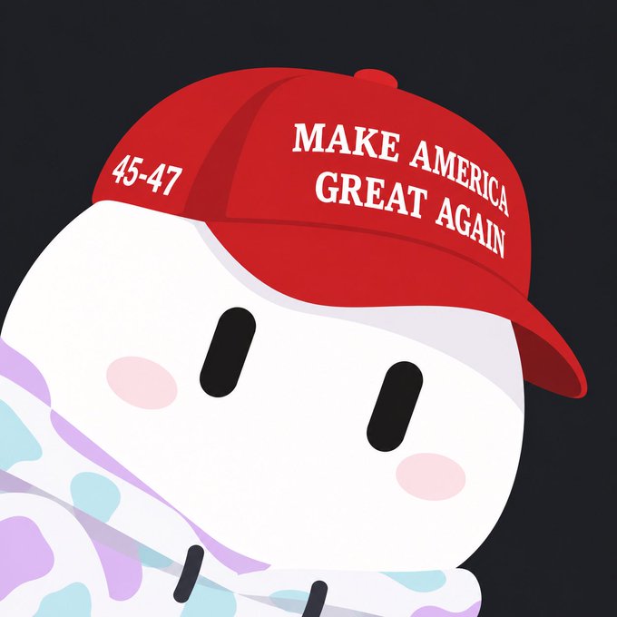 A cute cartoon character with a white face and pink cheeks wears a red MAGA-style hat that reads 'MAKE AMERICA GREAT AGAIN' and '45-47'.