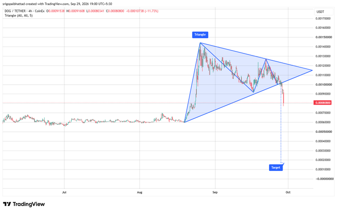 A TradingView chart for DOG/USDT (Dogecoin) showing a symmetrical triangle pattern with a red candle breaking down toward a marked target.