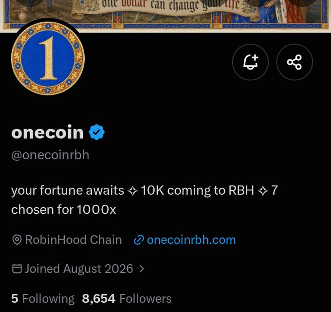 A Twitter/X profile for 'onecoin' (@onecoinrbh) showing a medieval-style banner and bio reading 'your fortune awaits ✧ 10K coming to RBH ✧ 7 chosen for 1000x', located on RobinHood Chain.