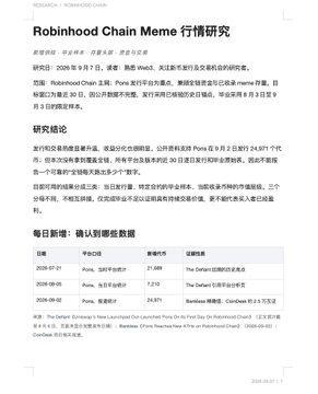 A Chinese article titled 'Robinhood Chain Meme 行情研究' (Robinhood Chain Meme Market Research) discussing meme coin research with a table showing transaction data.