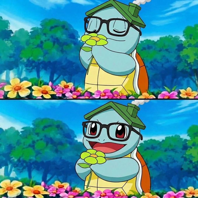 A split-panel image shows a Squirtle wearing glasses, a green hat, and a shell, peacefully holding a flower with closed eyes in the top frame, then smiling joyfully with open eyes in the bottom frame, set against a backdrop of trees and colorful flowers. The serene, positive transformation between the two panels visually captures the "beautiful day" sentiment of the post about the Robinhood blockchain.