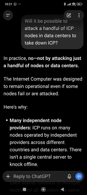 Screenshot of a ChatGPT conversation answering the question 'Will it be possible to attack a handful of ICP nodes in data centers to take down ICP?' explaining that the Internet Computer was designed to remain operational due to many independent node providers across different countries.