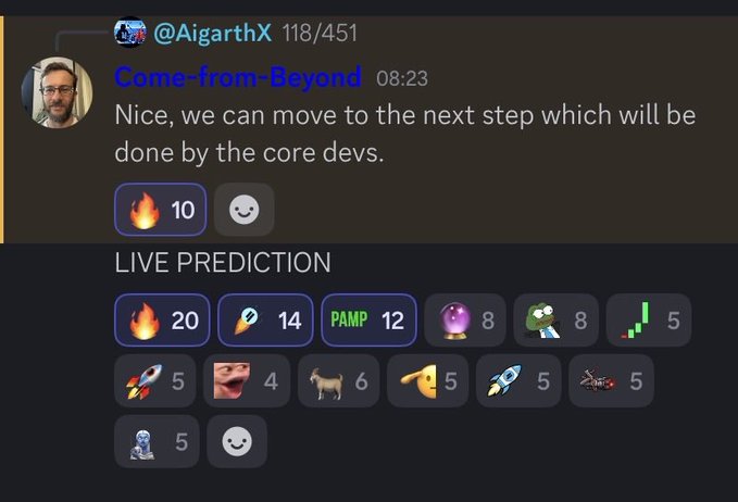 A Discord chat screenshot showing a message from 'Come-from-Beyond' saying 'Nice, we can move to the next step which will be done by the core devs,' with a 'LIVE PREDICTION' panel below displaying emoji-based voting options led by a fire emoji at 20.