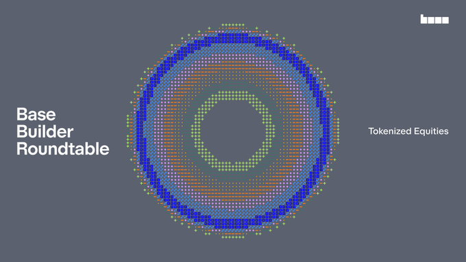 A circular pixel-art design on a dark blue background labeled "Base Builder Roundtable" on the left and "Tokenized Equities" on the right, with a logo in the top right corner.