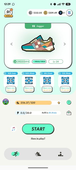 The image shows a phone screen displaying an app called "Jogger" with a pair of shoes displayed as the main item for sale. The app has a green background, white text, and a blue button that says "Start". There are several other items on display in the app's store window, including a sports ball and a pair of sneakers. The post also mentions that the app is available in multiple languages, with the current language being English.