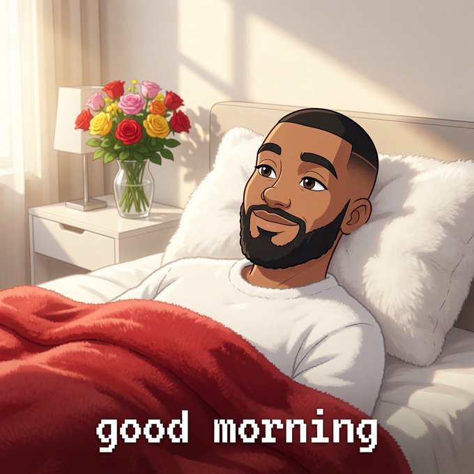 An animated illustration of a smiling man with a beard lying in bed under a red blanket with flowers on a nightstand, with 'good morning' text at the bottom.