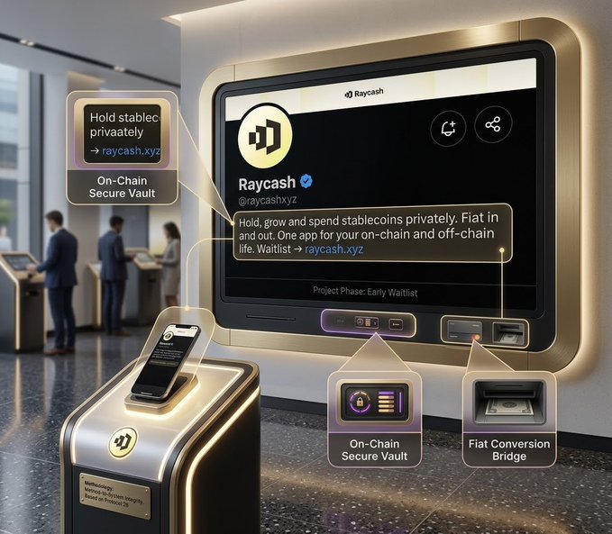 A futuristic cryptocurrency ATM concept displaying the Raycash Twitter profile (@raycashxyz) with features like 'On-Chain Secure Vault' and 'Fiat Conversion Bridge' labeled.