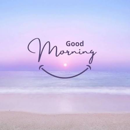 A beach scene at sunrise with the text 'Good Morning' written in a stylized, playful font over the sun.