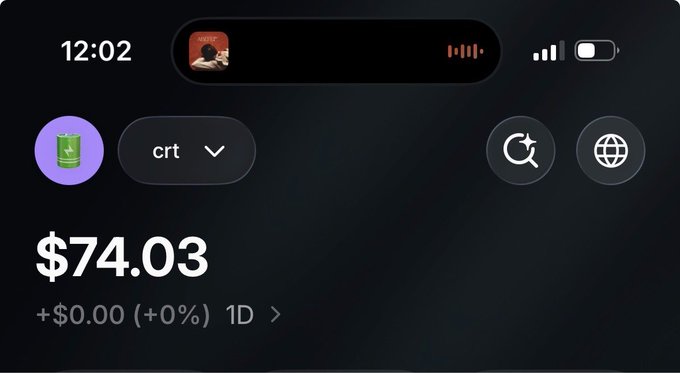 The image shows a phone screen displaying a crypto wallet balance of $74.03 with 0% change over 1 day, on the Solana network (indicated by the green "S" icon and "crt" ticker), with $0.00 additional gain.

The screen likely supports the post's "1 sol to 1 winner?" message by showing the wallet currently holding approximately $74 worth of crypto, suggesting the poster could send 1 SOL (worth ~$74) to one lucky winner.