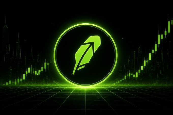 A neon green Roblox-style logo with an upward arrow inside a glowing circle, set against a dark cityscape background with rising green candlestick charts and a retro grid floor.