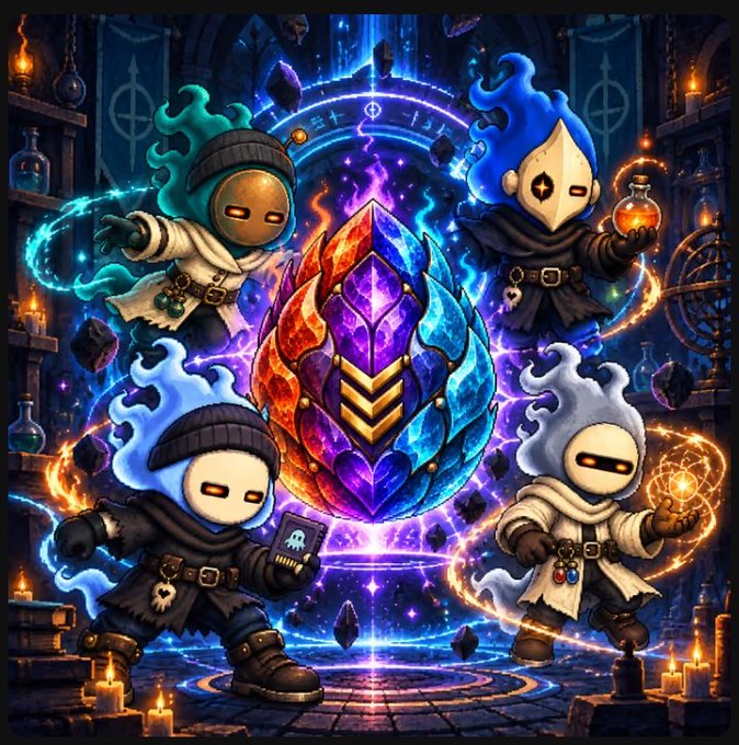 Four hooded, flame-headed ghost figures in robes and masks gather around a glowing crystal artifact in a candlelit mystical library, channeling arcane energy through magical symbols and potion bottles. The scene visually embodies the "Cifer Ghost" NFT mint and staking event, with the central crystal representing the valuable digital asset and the ghost characters symbolizing the community members preparing to stake their NFTs for access to Cifer Hub.