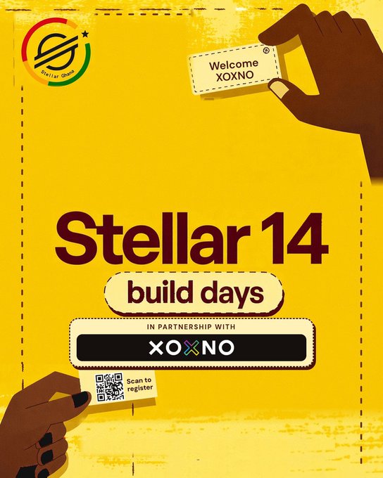 A yellow promotional poster for 'Stellar 14 build days' in partnership with XOXNO, featuring the Stellar Quest logo, a welcome ticket, and a QR code to scan to register.
