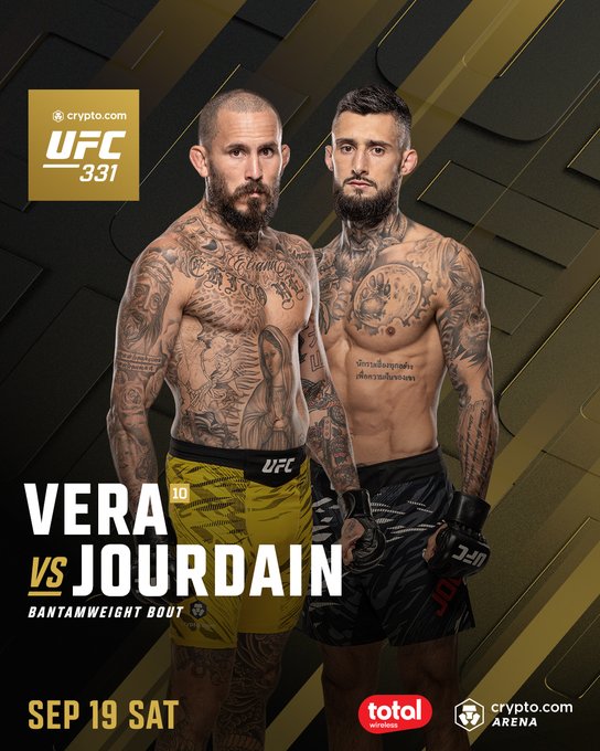 Official UFC 331 fight poster featuring Marlon "Chito" Vera (left, in yellow shorts) and Charles Jourdain (right, in black shorts) standing shirtless with extensive tattoos, promoting their bantamweight bout scheduled for Saturday, September 19th, which aligns with the post's call to action for Jourdain to claim a top-10 ranking spot at the Crypto.com Arena.