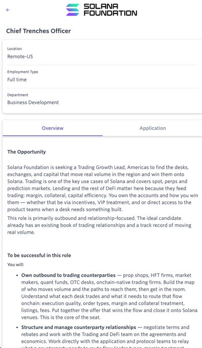 A job posting from the Solana Foundation for a Chief Trenches Officer (Trading Growth Lead, Americas) based Remote-US, full-time in the Business Development department, describing responsibilities for outbound trading counterparty engagement and relationship management.