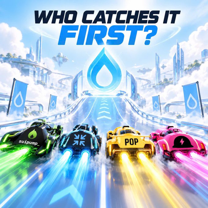 Four futuristic race cars—green "SuiPump," blue "Perplexity," yellow "POP," and pink "Blast"—speed toward a glowing blue water droplet under the headline "WHO CATCHES IT FIRST?", visually framing the post's message that four Sui launchpads are racing to lead the next wave of Sui's meme ecosystem surge.