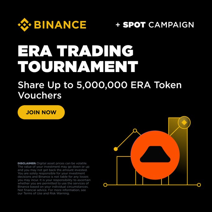 This image announces the "ERA TRADING TOURNAMENT" on Binance, offering participants a chance to "Share Up to 5,000,000 ERA Token Vouchers". The visual promotes the trading tournament, aligning with the accompanying post about joining the Caldera (ERA) Spot Trading Tournament for rewards.