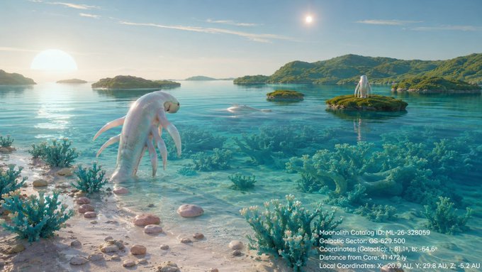 A digital artwork showing two surreal figures, one resembling a blobfish and another humanoid, on islands in a clear tropical ocean, featuring on-screen text reading "Mesolith Catalog ID: ML-26-378059" along with galactic coordinates and distance data.