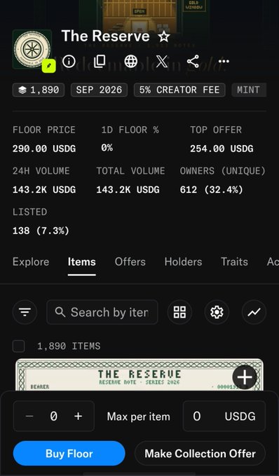 A mobile screenshot displays a NFT collection page titled 'The Reserve' with 1,890 items, showing stats like a 290.00 USDG floor price and 143.2K USDG 24H volume.