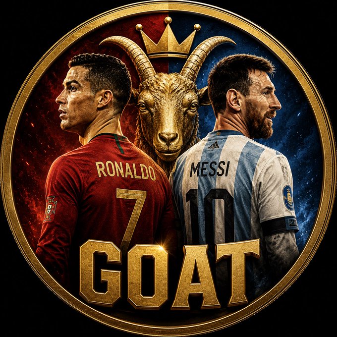 The image features two soccer players, one from each team, wearing red and blue jerseys respectively. The player on the left has a goat head with horns, while the player on the right wears a soccer jersey. The caption reads "GOAT" in white text at the bottom of the image.