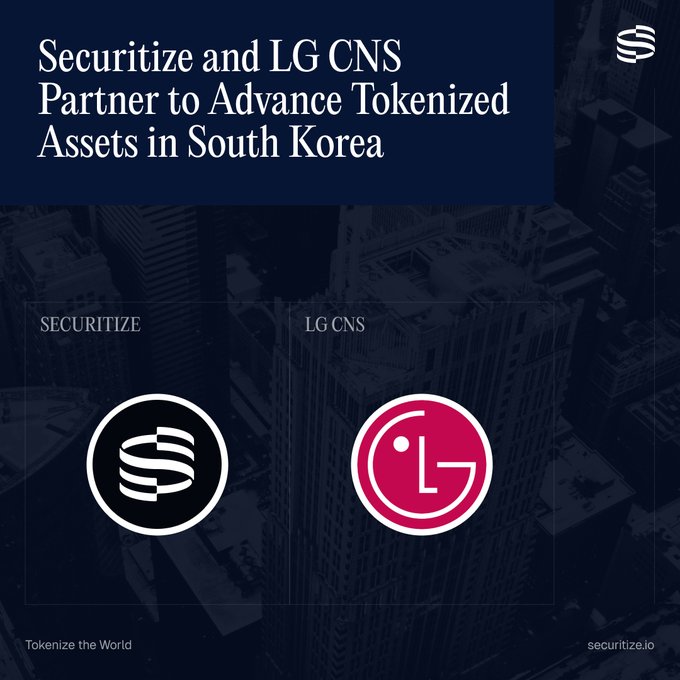 A partnership announcement graphic featuring the Securitize and LG CNS logos side-by-side on a dark cityscape background, with the headline "Securitize and LG CNS Partner to Advance Tokenized Assets in South Korea" highlighting their MOU collaboration to combine Securitize's regulated tokenization infrastructure with LG CNS's Korean financial sector expertise.