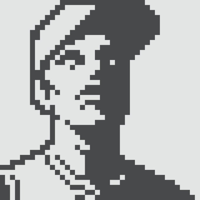 A pixel art portrait of a person with short hair wearing a necklace, rendered in a limited gray and white color palette.