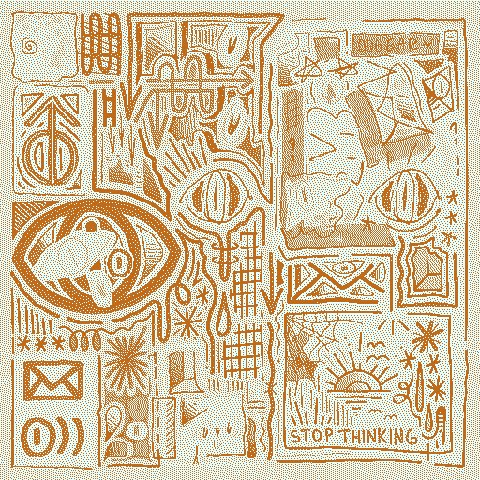 An abstract artwork featuring orange and tan geometric and symbolic patterns on a light background, with the text 'STOP THINKING' visible in the lower right.