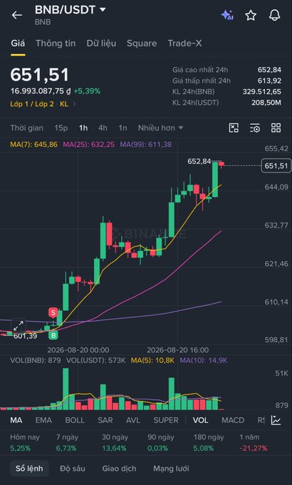 A Vietnamese mobile crypto trading app showing BNB/USDT chart at $651.51 with a +5.39% gain, displaying MA indicators, volume bars, and performance metrics across different timeframes.