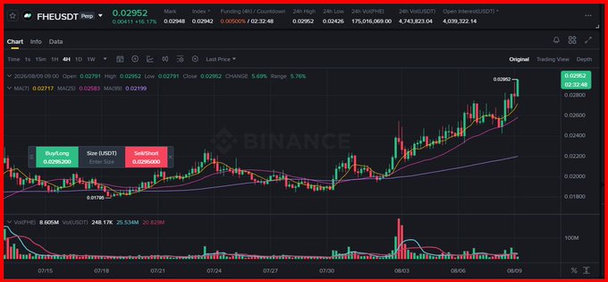 A Binance trading chart for the FHEUSDT perpetual contract pair, showing a price of 0.02952 with an upward trend and recent gain of 5.69% on August 9, 2024.