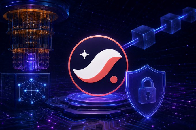 A quantum computer sits beside a glowing Starknet logo and a blue security shield on a digital circuit platform, visually representing the post-quantum security features highlighted in the post about Starknet's STARK-based, quantum-resistant architecture.