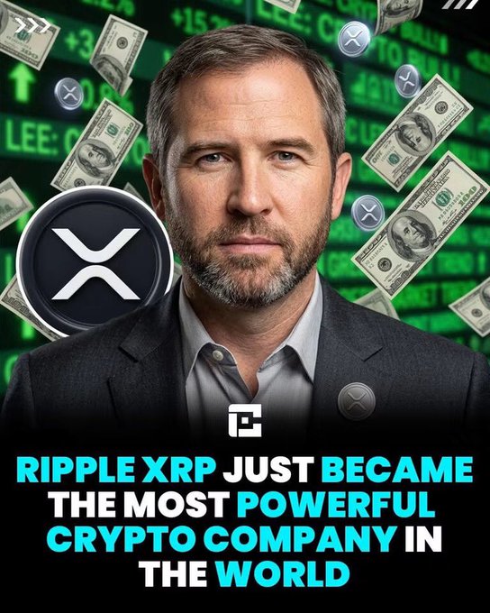 A promotional graphic features Ripple CEO Brad Garlinghouse with text reading "RIPPLE XRP JUST BECAME THE MOST POWERFUL CRYPTO COMPANY IN THE WORLD" against a backdrop of XRP tokens and dollar bills.