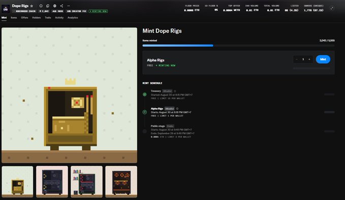A screenshot of the "Dope Rigs" NFT minting page showing a pixelated rig artwork with 3,247/3,555 minted, a floor price of 0.0082 ETH, and a 1.7% royalty, with a mint button to claim an "Alpha Rigs" token—the post shares this as a fun, small free mint attempt.