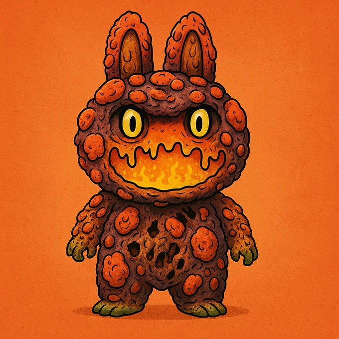 An illustration of a textured, orange and brown monster-like character with rabbit ears and a wide, flame-filled mouth against an orange background.