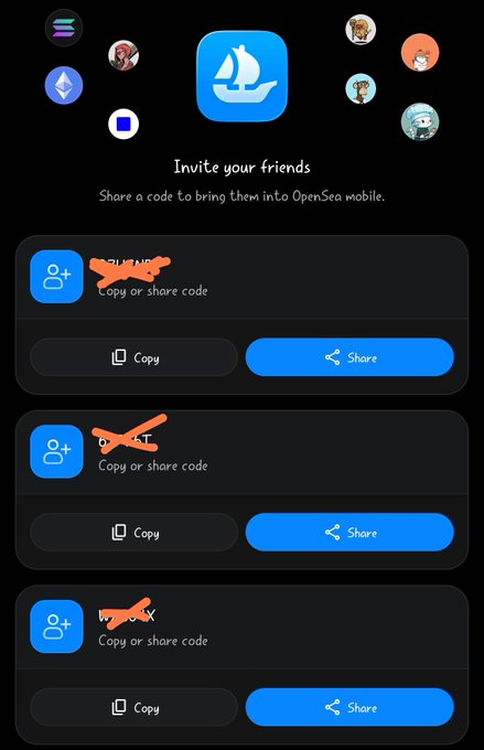 An OpenSea mobile invite screen shows three referral code boxes, each with the code crossed out in orange marker.