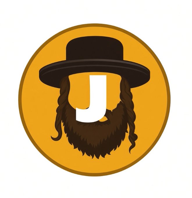 A logo featuring a stylized 'J' inside an orange circle, with a black wide-brimmed hat and brown beard and peyot.
