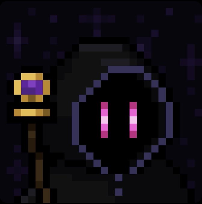 A pixel art rendering of a dark, hooded character with glowing pink and white vertical eyes, holding a staff topped with a purple and gold gem, set against a dark background with purple plus signs.