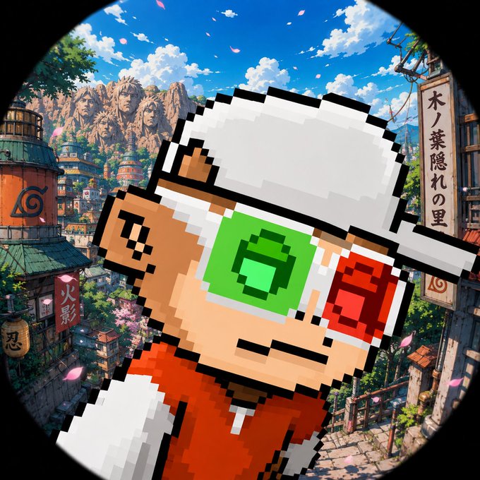 A pixel-art figure with a distinctive scar and colored face features stands in the foreground against a vibrant backdrop of a village that resembles the Hidden Leaf Village from Naruto. Visible signage includes "木ノ葉隠れの里" (Konohagakure) and "火影" (Hokage), tying the image to the Naruto anime series where "Momo Day" celebrates the character Momotaro's birthday.