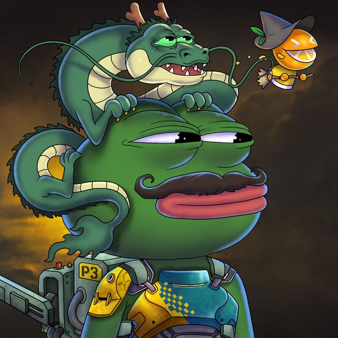 A grumpy green Pepe character sports a "P3" labeled backpack while a smug dragon perches on his head, holding a small orange creature wearing a witch hat—visually humorously representing the "DragonLord Head" NFT accessory mentioned in the post about marketplace trading mistakes.