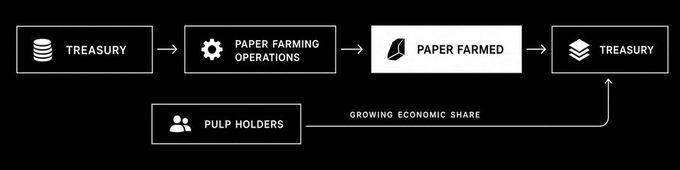 A minimalist black-and-white flowchart diagram illustrating a process that starts at "TREASURY," moves to "PAPER FARMING OPERATIONS," results in "PAPER FARMED," returns to "TREASURY," with a parallel box labeled "PULP HOLDERS" connected by an arrow labeled "GROWING ECONOMIC SHARE."