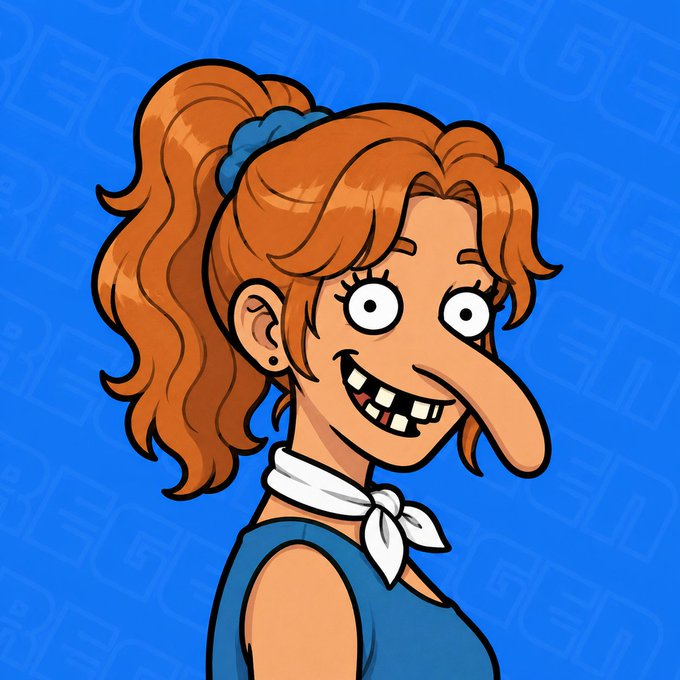 A cartoon woman with orange hair in a ponytail, a blue scrunchie, and a long nose smiles against a bright blue patterned background.