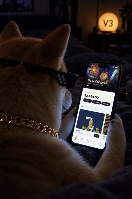 A Shiba Inu dog wearing pixelated "deal with it" sunglasses and a gold chain is looking at a smartphone displaying the "Doge Dungeon" game, showing a market cap of $3,454.00. In the background, a glowing lamp displays "V3," referencing the upcoming Dogecoin fork, Doge V3.