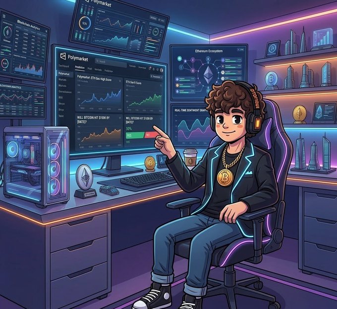 A cartoon of a young boy in a chair wearing headphones sits at a desk holding a computer mouse over an open monitor. The screen displays multiple charts, possibly representing real-time market data or transactions, with words such as "Most people see markets as price charts". Nearby is a monitor displaying text and images related to Ethereum, suggesting a connection between the boy's digital activities on his computer and the broader development of blockchain technology in the financial world.